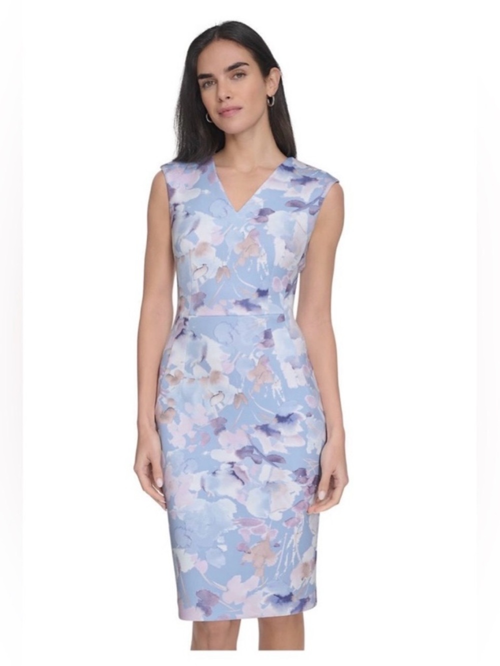 💙 NWT! Blue & White CALVIN KLEIN Floral V-Neck Sleeveless Sheath Dress - Size 10